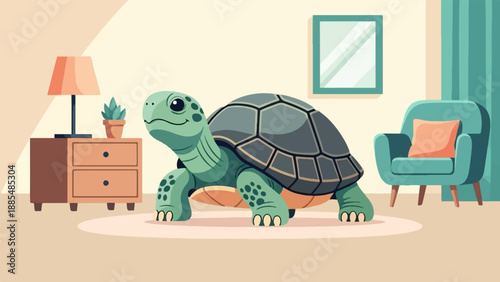 A tortoise walks through a cozy living room with a chair and lamp