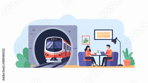 A train emerges from a tunnel as two people work at a cafe