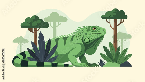 A vibrant green iguana rests amidst lush foliage and trees
