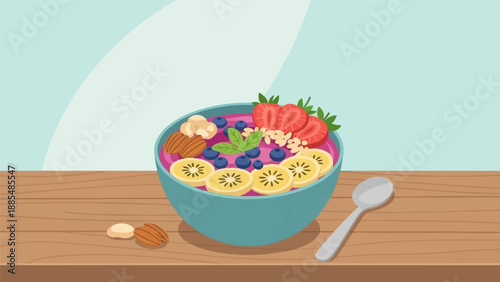 A vibrant smoothie bowl brimming with fresh fruits and nuts sits on a wooden surface