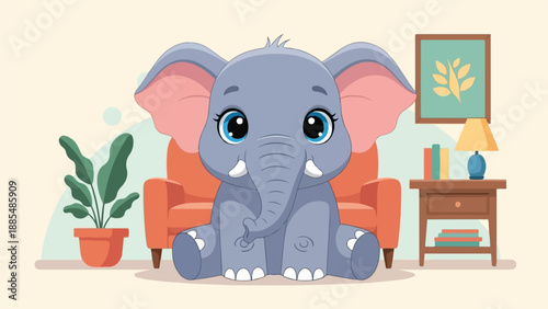 Adorable cartoon elephant sits in a cozy living room with plants