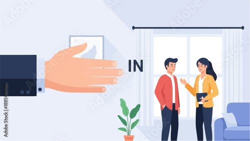 Business meeting with a hand offering something to two people