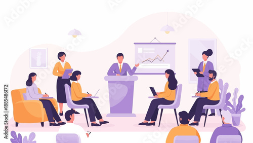 Business meeting presentation with attendees taking notes