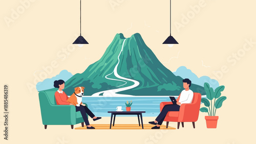 A woman with a dog and a man on laptops relax by a scenic mountain view