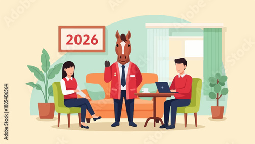 Business meeting with anthropomorphic horse in office setting