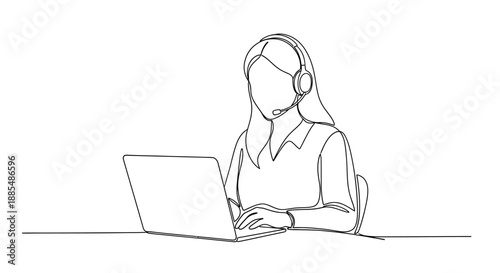 Woman Wearing Headphones Working on Laptop.