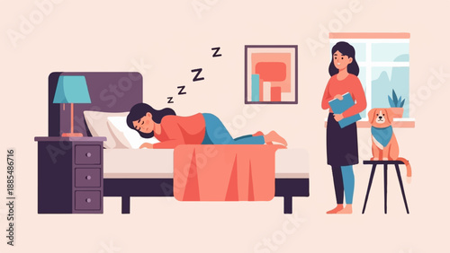 A woman sleeps in bed while another woman and a dog watch