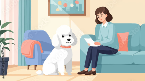 A woman sits on a sofa reading a paper while a white poodle sits nearby