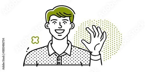 Friendly minimalist line art man waving, a welcoming communication concept illustration.