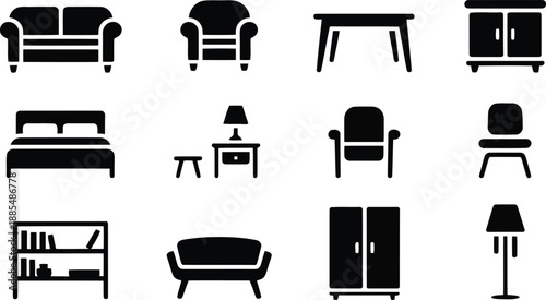 A comprehensive set of home furniture and interior living space items displayed as solid black icons