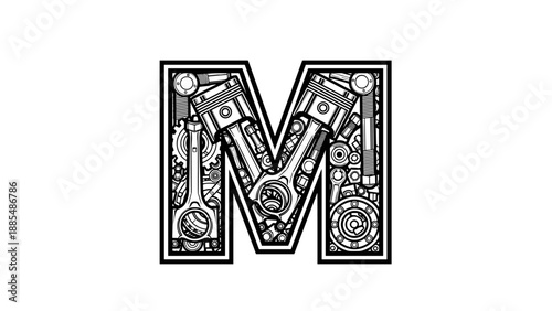 Mechanical Letter M with Pistons and Gears - Auto Industry.