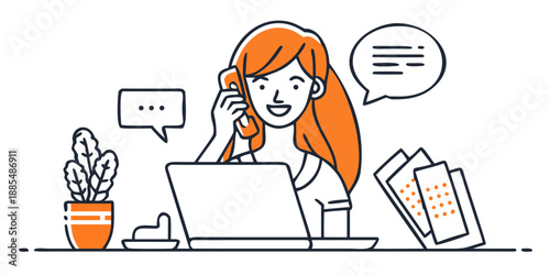 Modern line art woman working, communicating for business and online services.