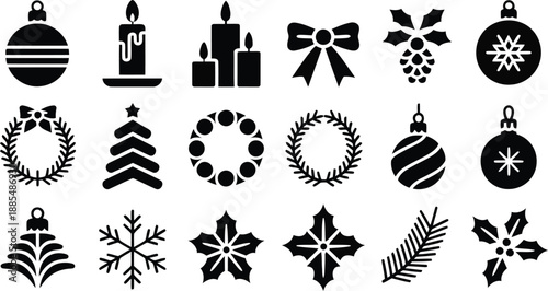 A curated selection of monochrome icons representing essential Christmas and winter holiday decorative elements on white