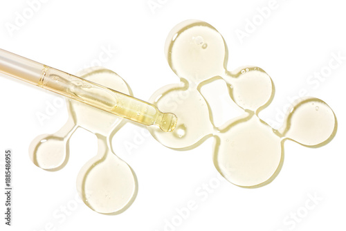 Beauty product pipette dropper sample swatch. Retinol or vitamin c or peptides serum drops looks like molecule on white background