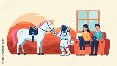 Astronaut feeds a unicorn on a red planet, people work on laptops indoors
