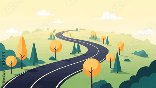 A winding asphalt road curves through a hilly landscape with stylized trees
