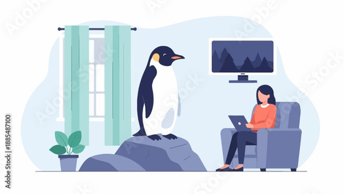 A woman sits in an armchair with a tablet, watching a penguin in a room