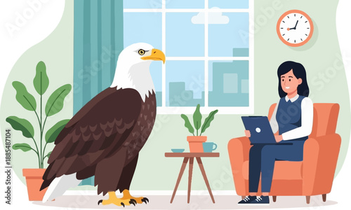 A woman sits in an armchair with a laptop while a bald eagle stands nearby
