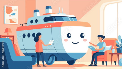 Cartoon ship interacts with people in a cozy room