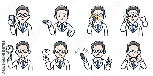 Professional male doctor scientist business person demonstrating various work situations.