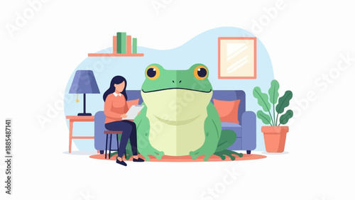 A woman sits in a living room with a large frog