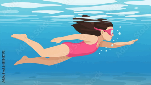 Cartoon style illustration of a person swimming underwater in a pink swimsuit