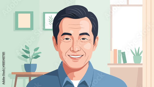 Cheerful, smiling middle-aged man in a blue shirt indoors