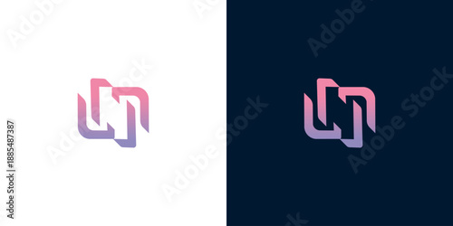 Abstract interlocking geometric shapes forming a modern logo design with gradient colors on a white and dark blue background