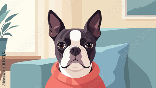 Adorable Boston Terrier sits comfortably in a bright, minimalist living room