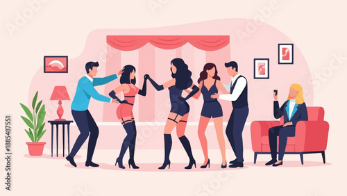 Adults interact in a room with dancers and observer