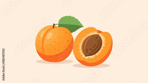 A whole and a halved apricot with green leaf against a light background
