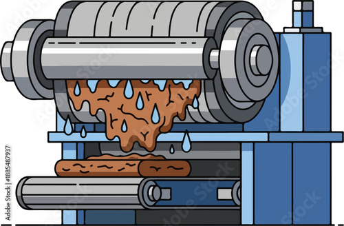 Industrial machinery processing viscous liquid through rollers in a manufacturing setting viewed from the side