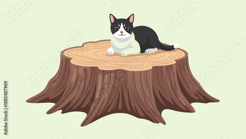 Adorable black and white cat rests peacefully on a large, textured tree stump