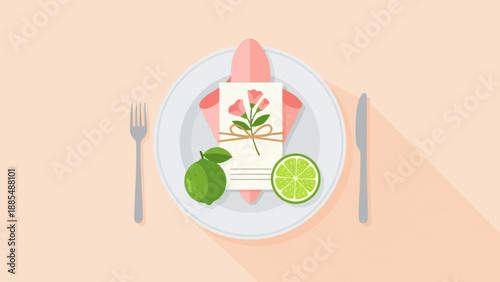 A white plate with a floral card, lime, and cutlery on a light peach surface