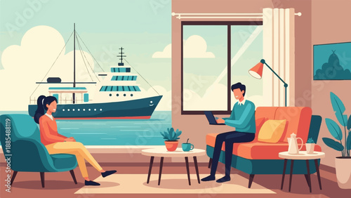A woman relaxes by a large ship while a man works indoors on a laptop