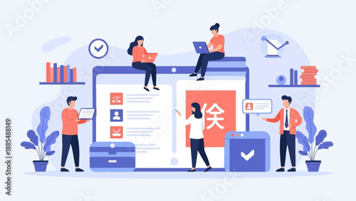 Business team collaborating on digital platform with charts and data