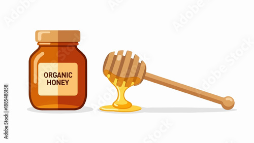 Amber glass jar of organic honey beside a wooden dipper with dripping nectar