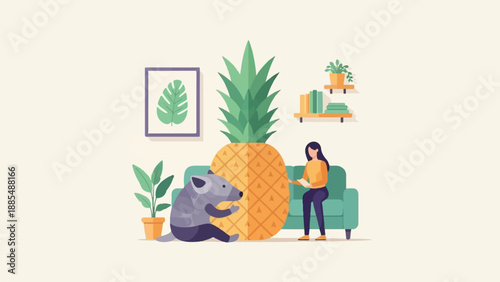 A woman reads on a sofa next to a giant pineapple and a small animal