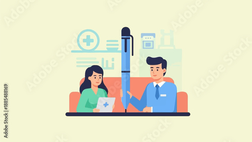 Business professionals review medical information with a giant pen and tablet