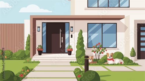 Cartoon-style illustration of a modern home with a manicured lawn and two dogs