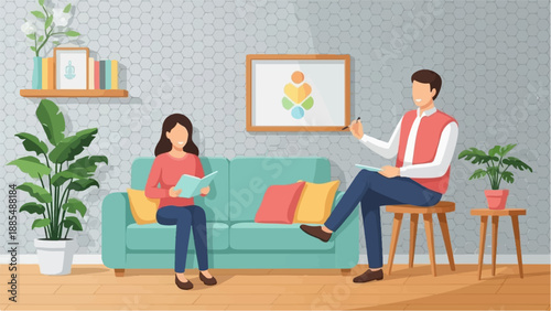 A woman reads on a couch while a man sits nearby holding a pen and paper