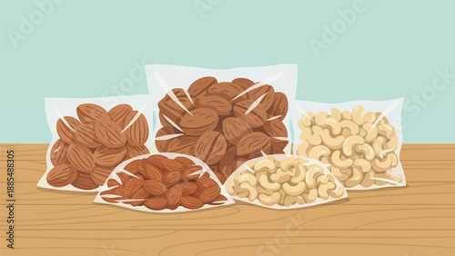 Assortment of clear plastic bags filled with nuts on a wooden table