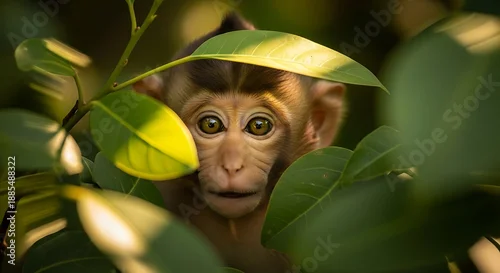 Obraz Baby Monkey hiding behind leaves in jungle.