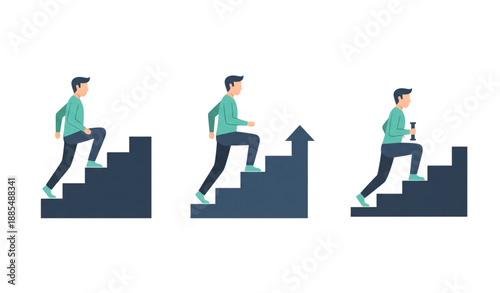 Man climbing stairs fitness and lifestyle flat vector icon set isolated on white background