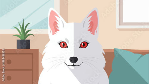 A white fox with striking red eyes sits indoors on a couch