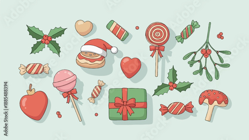 Assortment of Christmas sweets, heart shapes, and festive foliage on pastel background