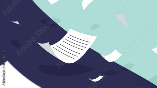 Abstract illustration of flying papers on a split background of dark blue and mint green