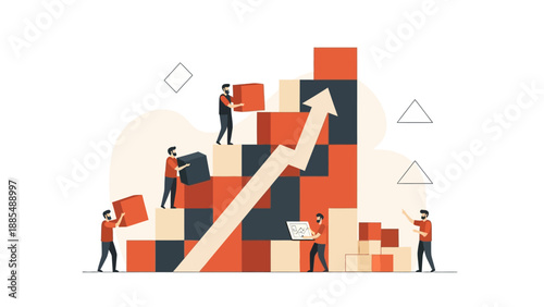 Business people building a bar chart with an upward arrow for growth concept
