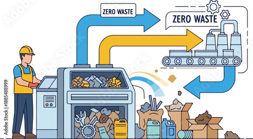 Industrial recycling process illustration showing worker operating machinery with zero waste output