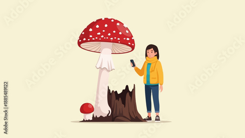 A woman in a yellow jacket uses her phone near a large red mushroom